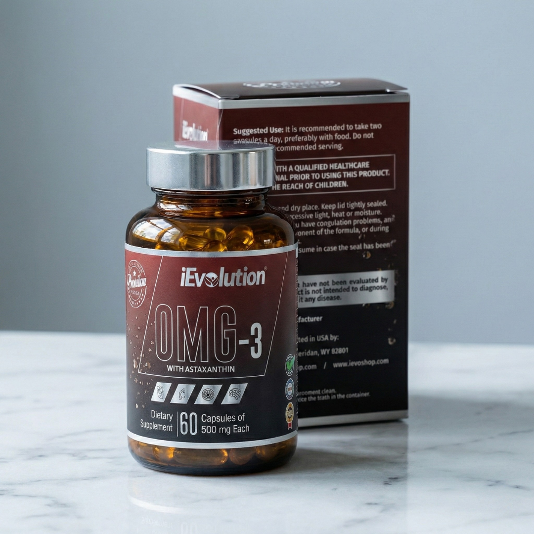 iEvolution OMG-3 Omega-3 with Astaxanthin bottle and box on a marble surface