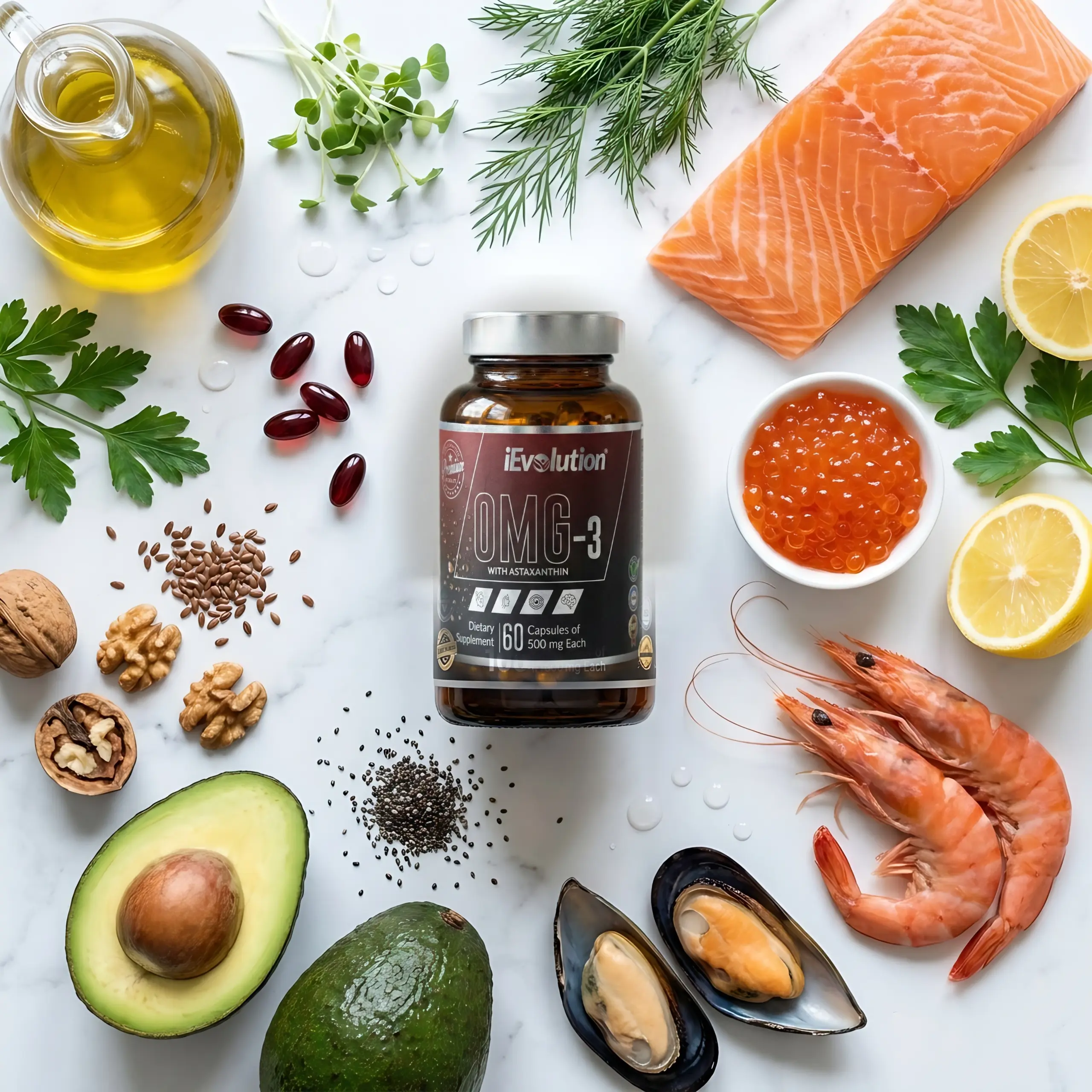 Top-down flatlay of iEvolution OMG-3 surrounded by fresh salmon, salmon roe, lemon halves, dill, parsley, shrimp, avocado, walnuts, flax and chia seeds, microgreens and olive oil on white marble