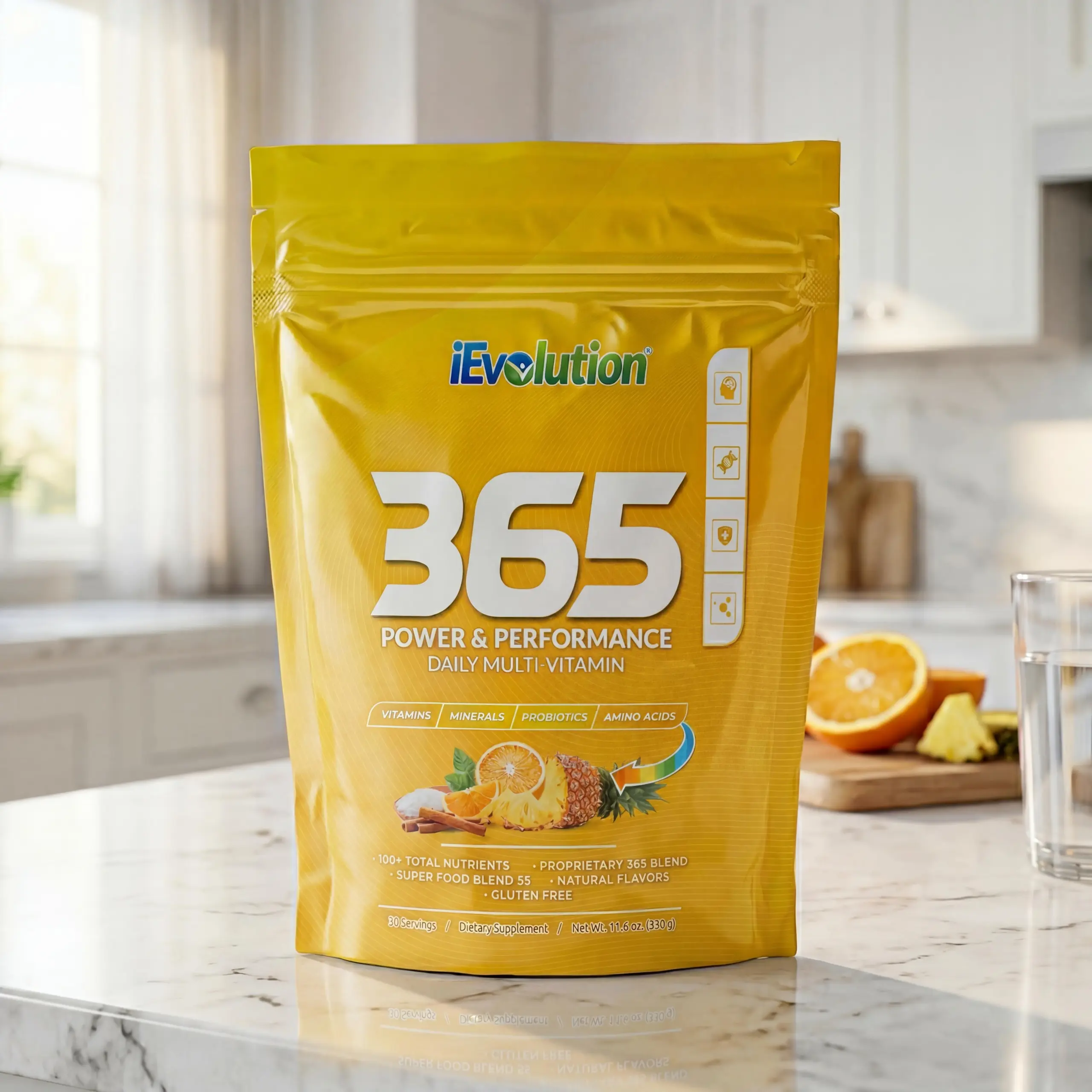 iEvolution 365 Power and Performance daily multivitamin pouch on a marble kitchen counter with morning light
