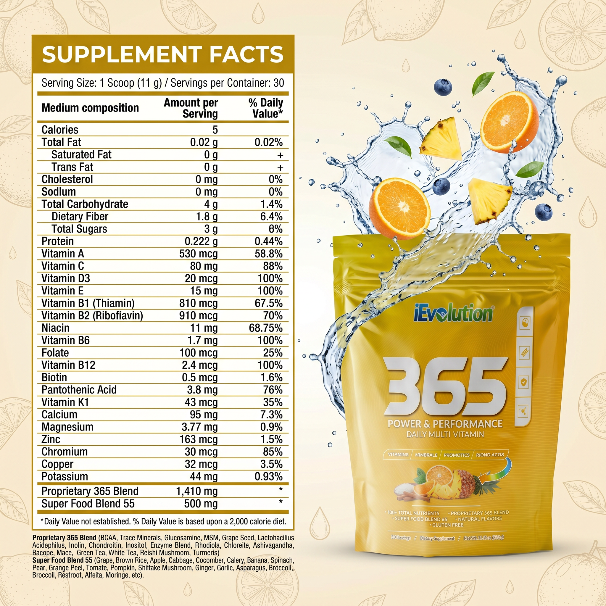 iEvolution 365 Supplement Facts panel showing serving size, calories, vitamins, minerals, Proprietary 365 Blend, and Super Food Blend 55